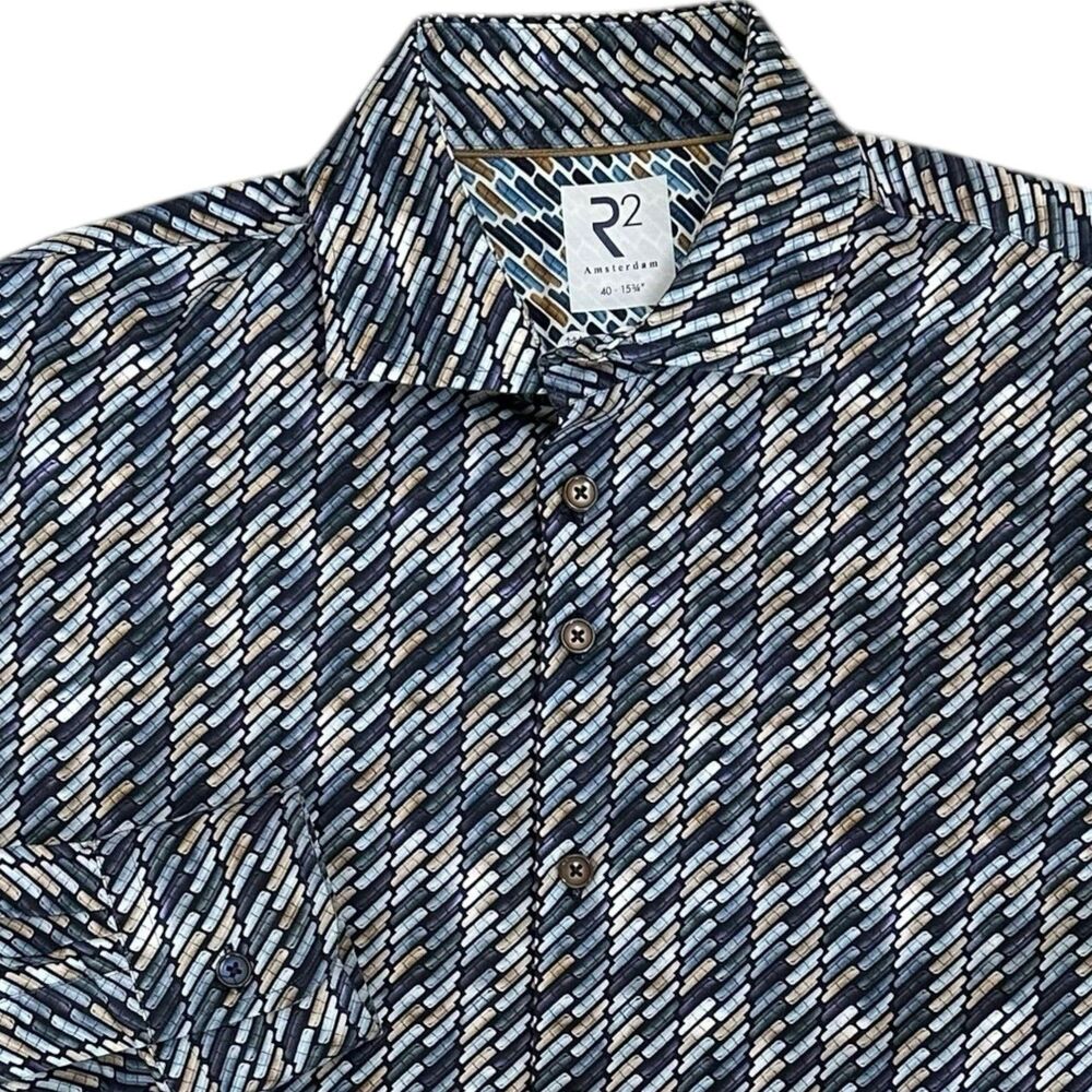 R2 Amsterdam Shirt Slim Fit Stretch Navy Geometric Pattern-Sz 15.75” /Medium